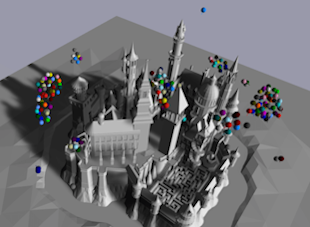 A model of a castle with illustrating nav volumes moving around it in 3D space